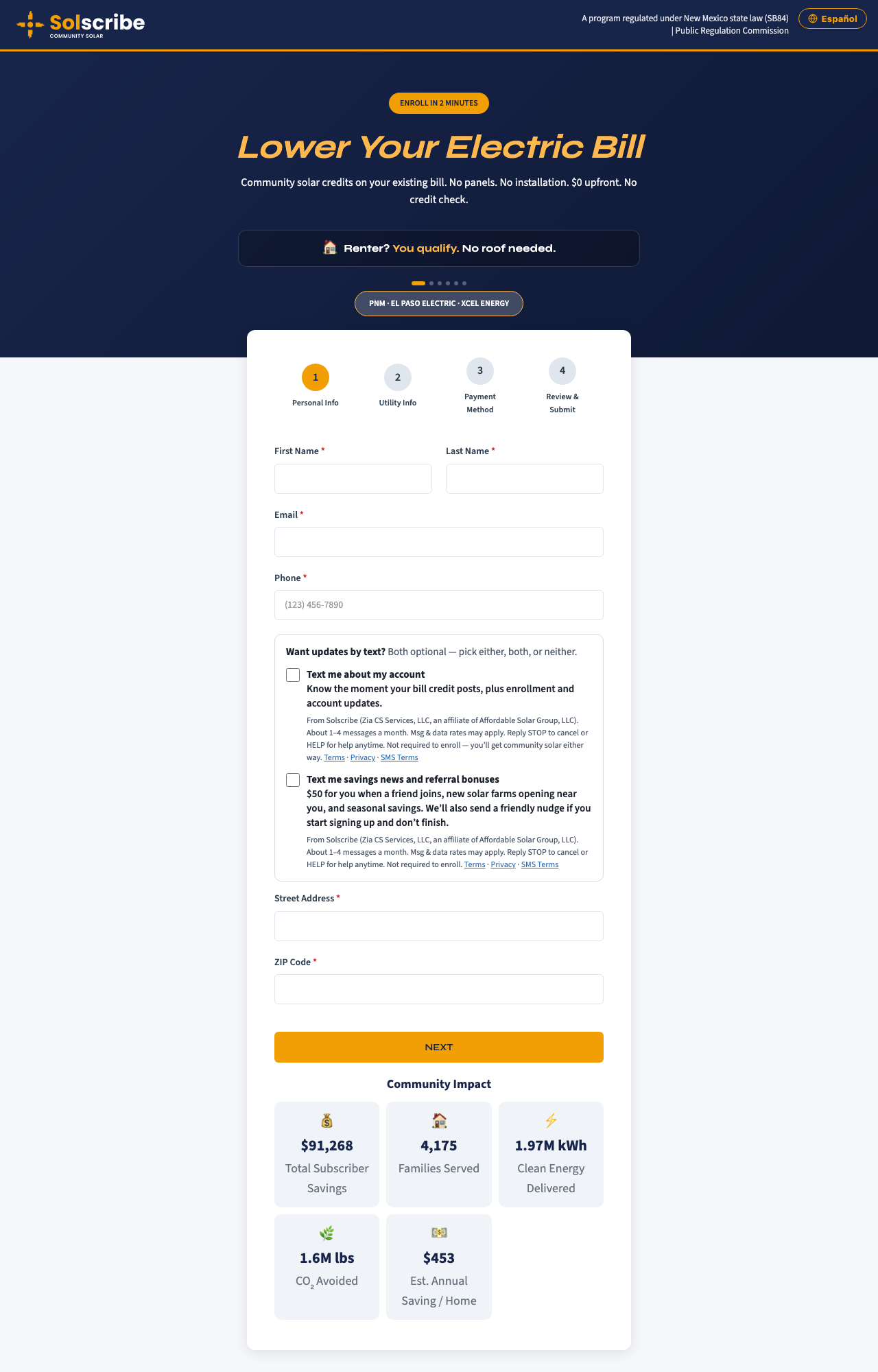 Solscribe direct enrollment form at solscribenm.com/enroll, step 1: phone field with both SMS consent checkboxes unchecked