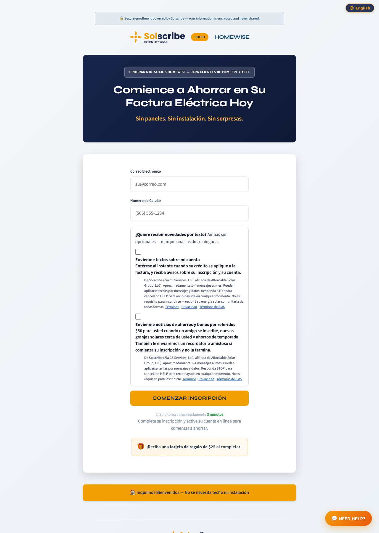 Solscribe Spanish enrollment form, step 1 on desktop: mobile number field with both SMS consent checkboxes unchecked