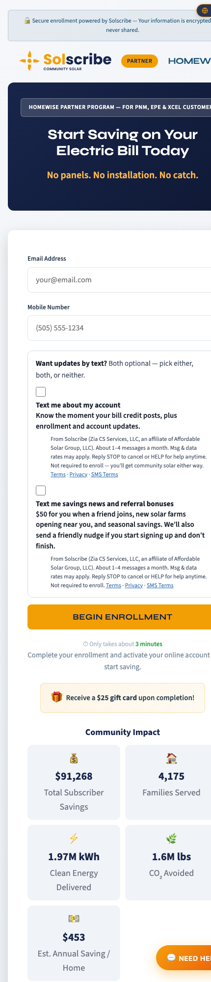 Solscribe enrollment form, step 1 on mobile: Mobile Number field with both SMS consent checkboxes unchecked